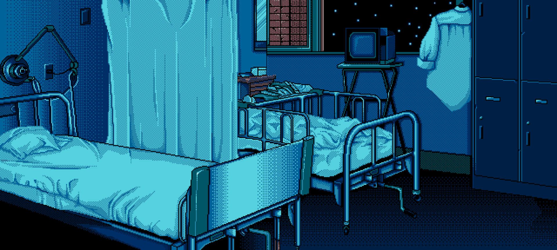 1920x864 Download Retro Pixel Art Hospital Bed With Night Sky Wallpaper