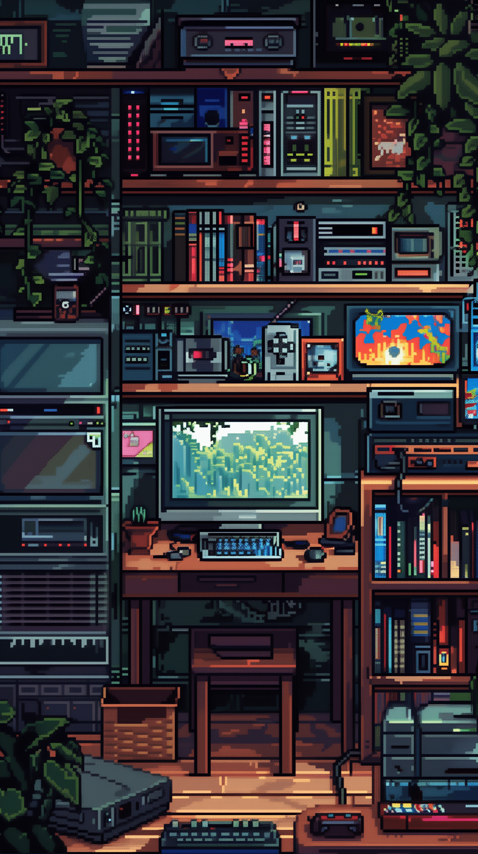1632x2912 Pixel Game Haven Computer Room Wallpaper