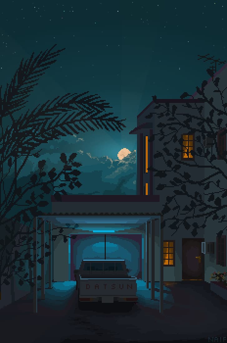 728x1098 HD wallpaper: pixel art, digital art, night, house, car, Moon, clouds, leaves