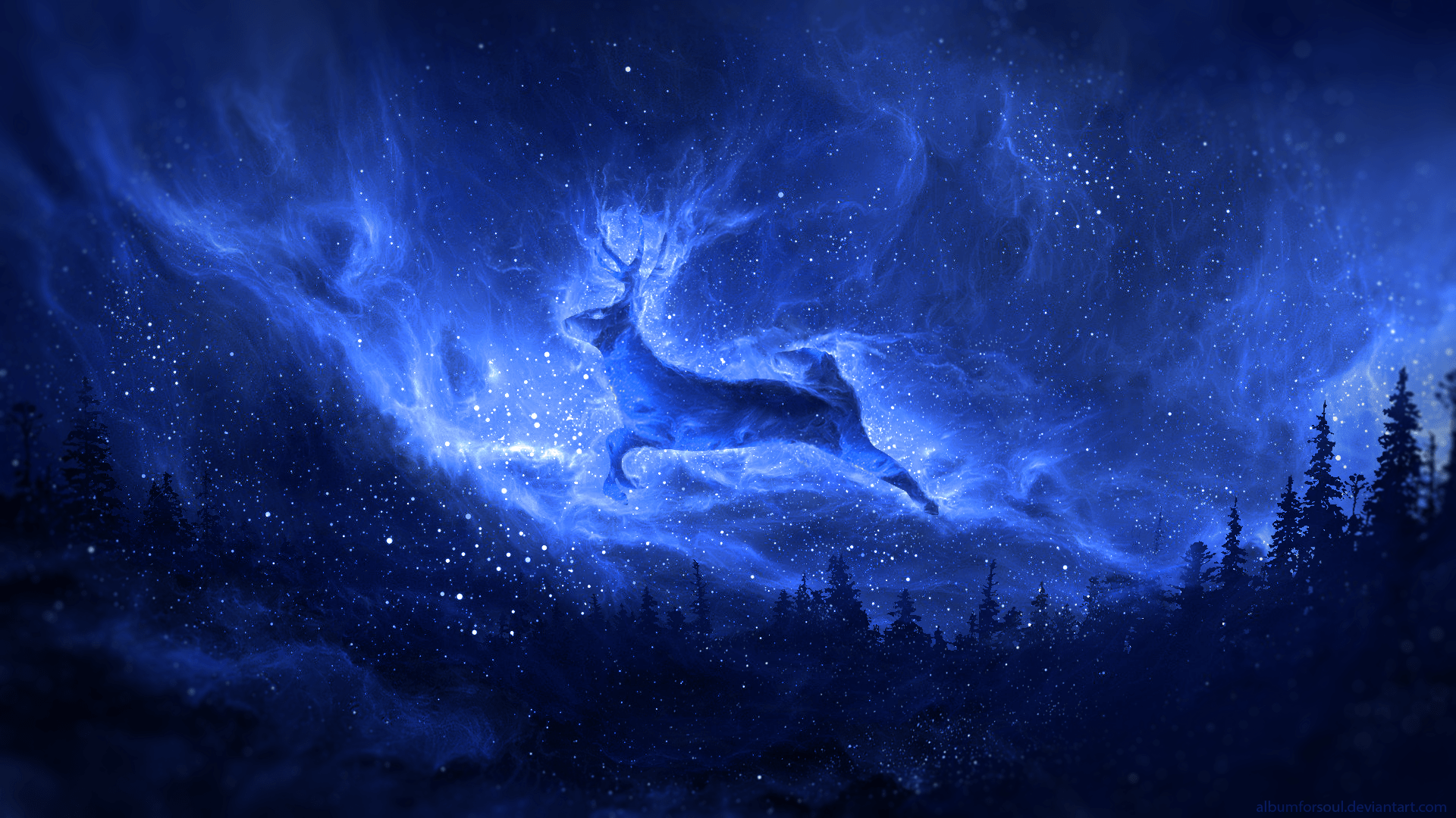 1920x1080 Download Spirit Blue Star Sky Night Fantasy Deer HD Wallpaper