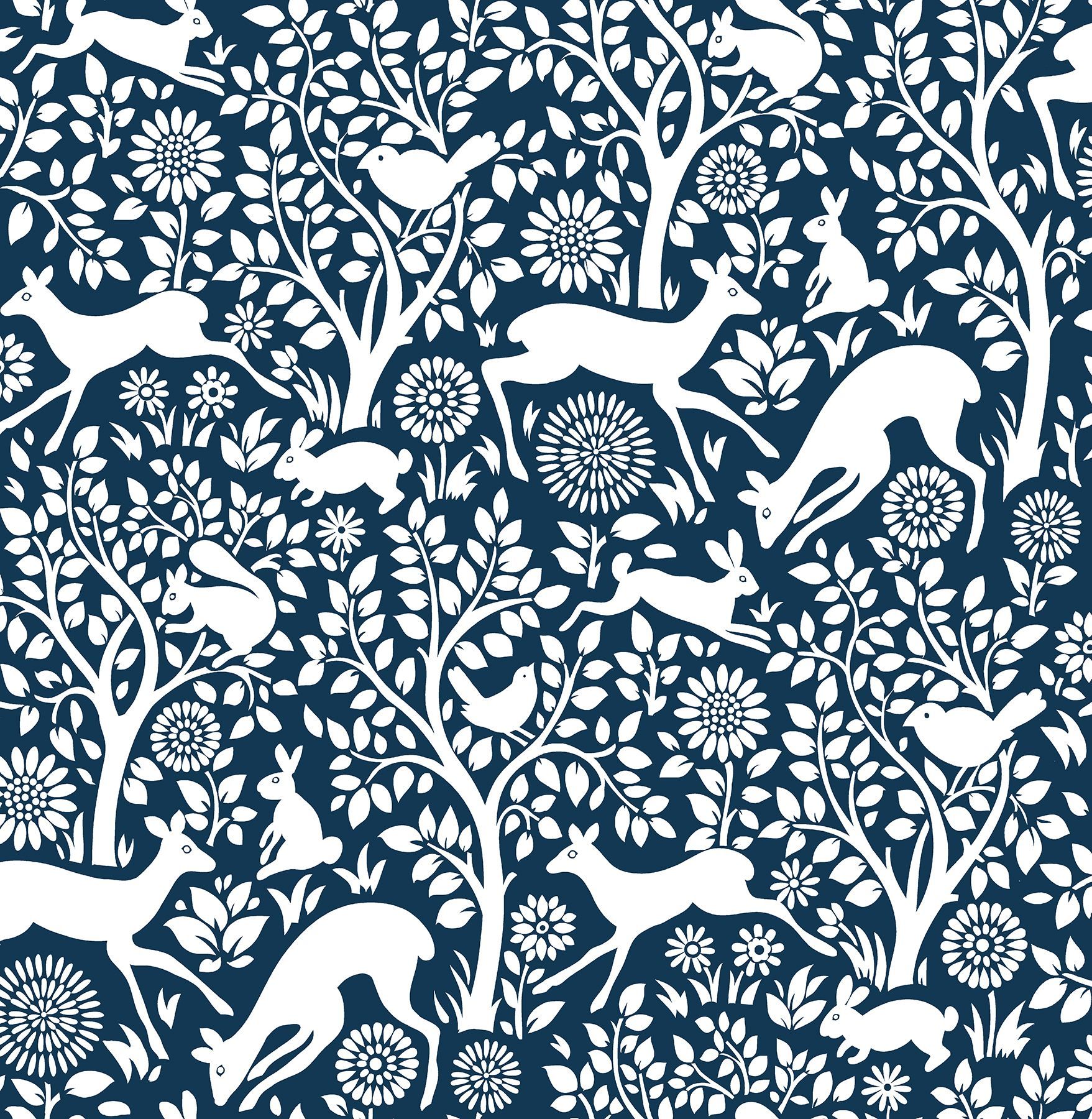 1757x1800 NUS4287 Merriment Peel & Stick Wallpaper with Songbirds Deer Bunnies and Squirrels in Navy Blue Colors Bohemian Style Peel and Stick Adhesive Vinyl Savvy Decorator