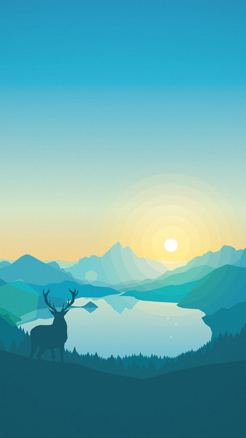 800x1423 Sunset, blue, deer, desenho, illustration, mountains, outdoors, white, HD phone wallpaper