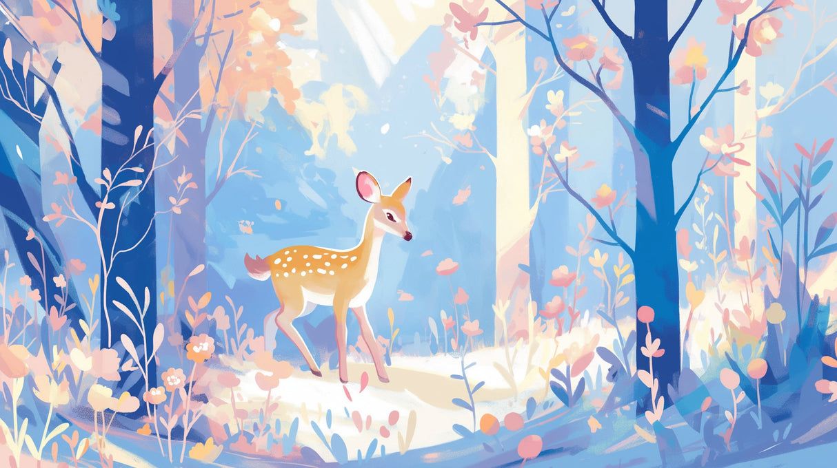 1214x680 Forest Animals Mural Wallpaper. Magical Deer in Pastel Woodland
