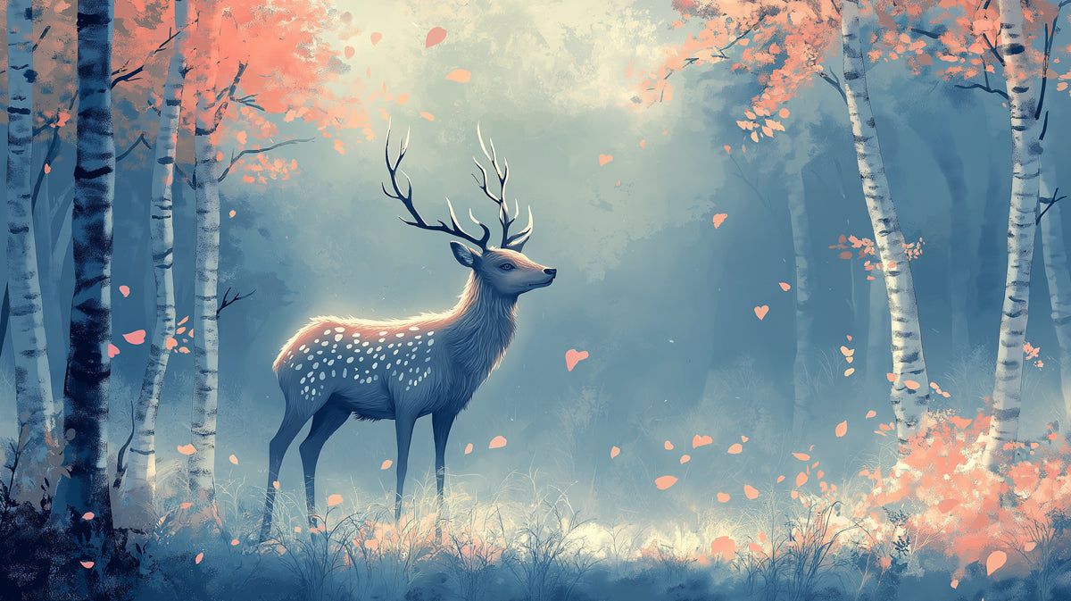 1200x673 Blue Forest with Deer and Autumn Leaves Mural Wallpaper for a kid's room. Blue, Orange and White Dear