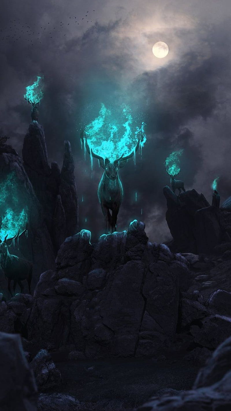 800x1422 Burning deer, blue, burning, clouds, deer, fantasy, fire, moon, mystic, nicht, HD phone wallpaper