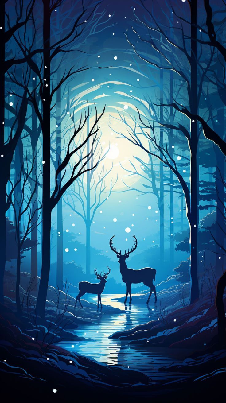736x1313 Enchanting Winter Night in the Forest. Deer wallpaper, Watercolor paintings nature, Lord ganesha paintings
