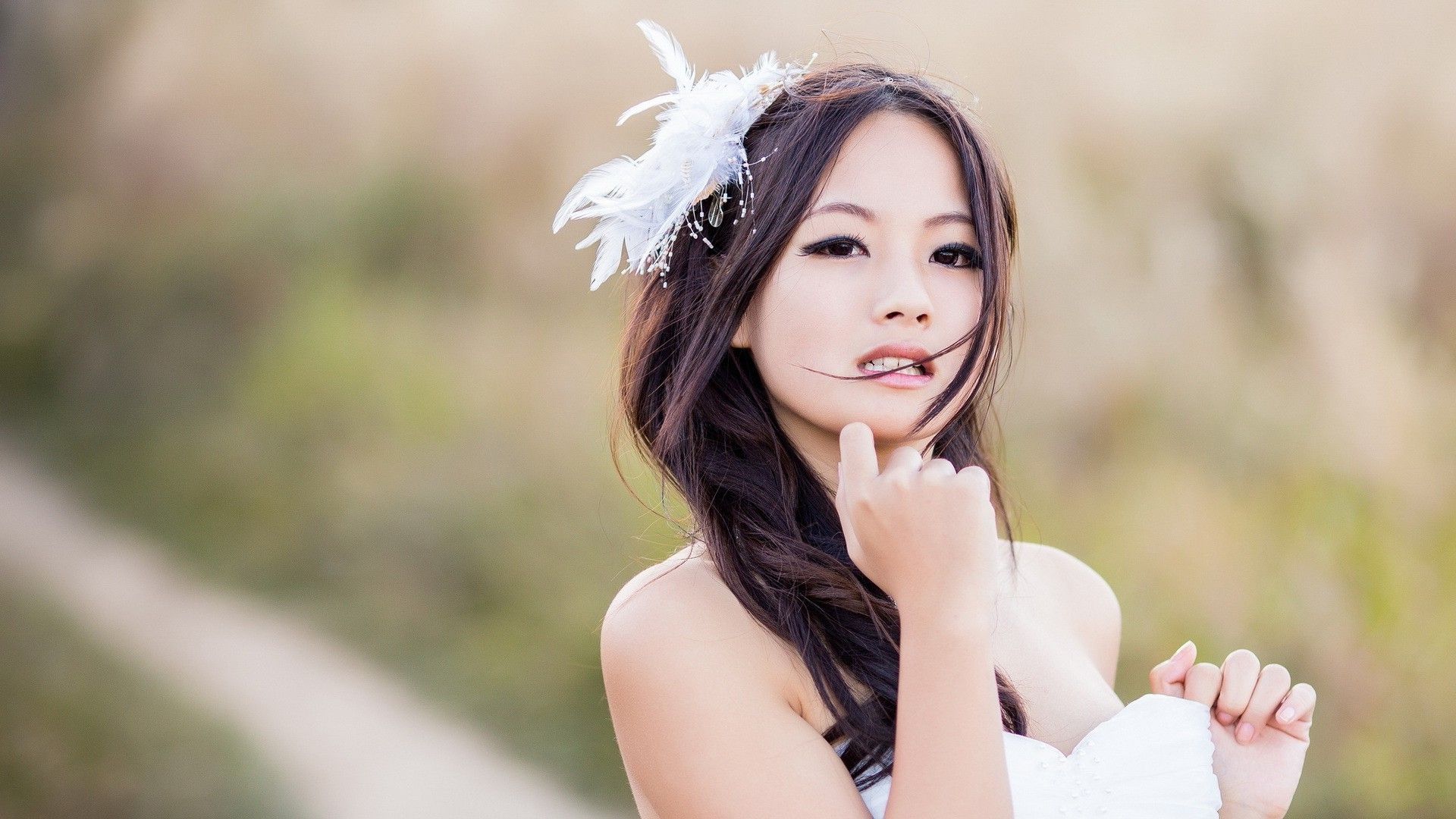 1920x1080 women, Model, Brunette, Long Hair, Asian, Women Outdoors, Brown Eyes, Open Mouth, White Dress, Feathers, Depth Of Field, Japanese Women Wallpaper HD / Desktop and Mobile Background