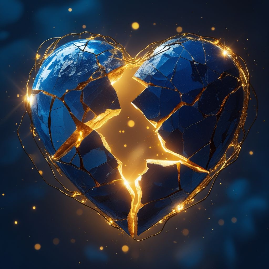 1024x1024 abstract broken heart shape filled golden light
