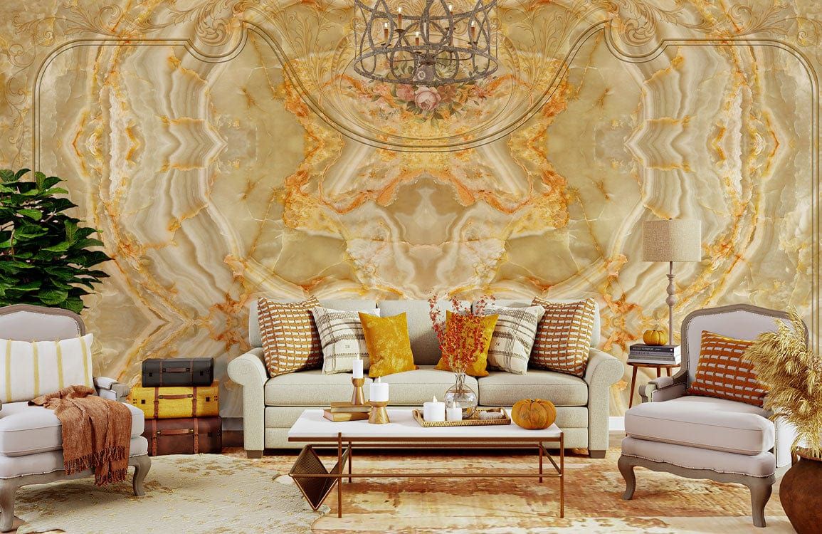 1155x750 Elegant Golden Marble Texture Mural Wallpaper with Intricate Floral Design
