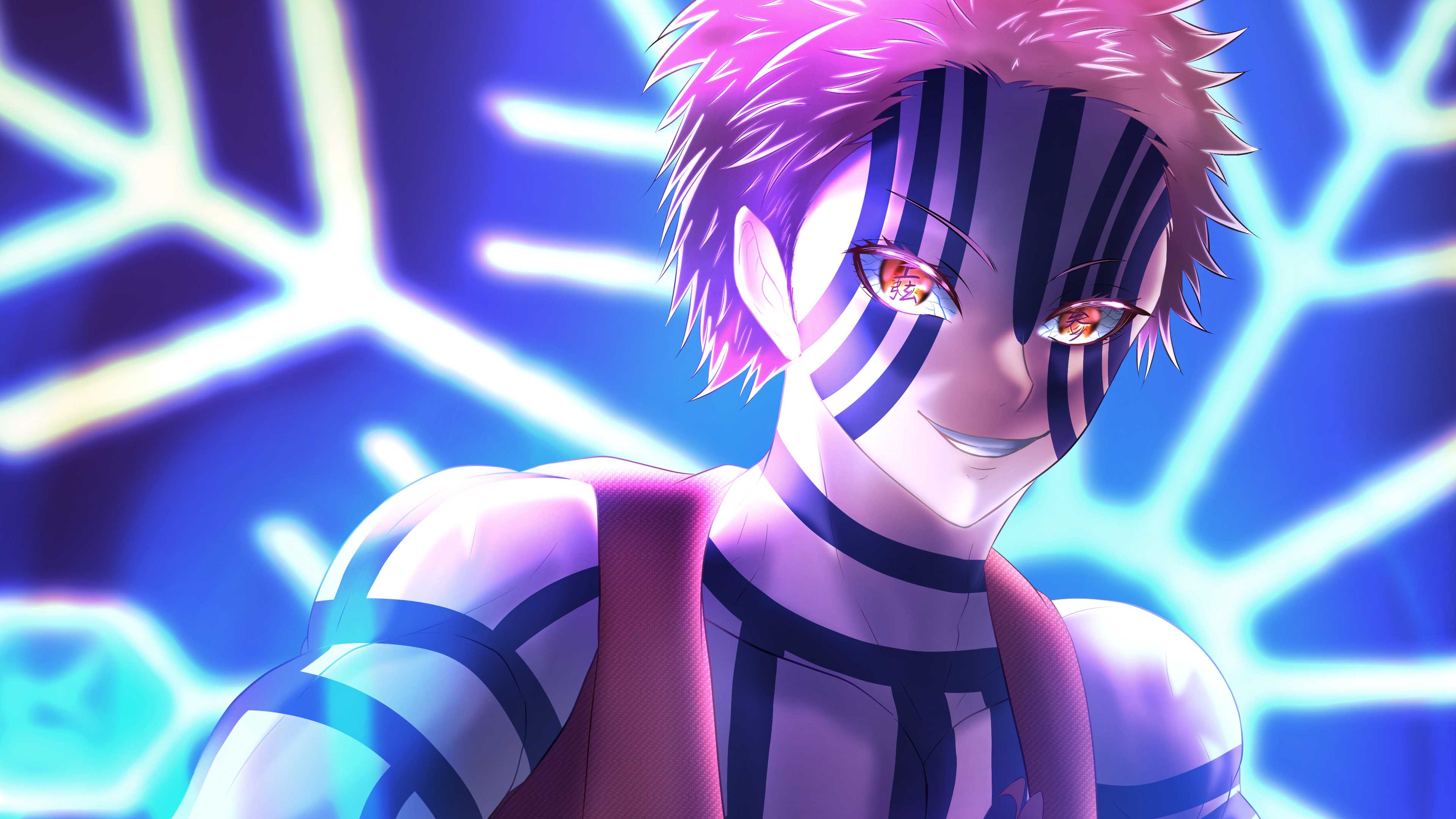 3840x2160 Pink Hair Eyes Akaza Colorful Background 4K HD Demon Slayer Kimetsu no Yaiba Wallpaper