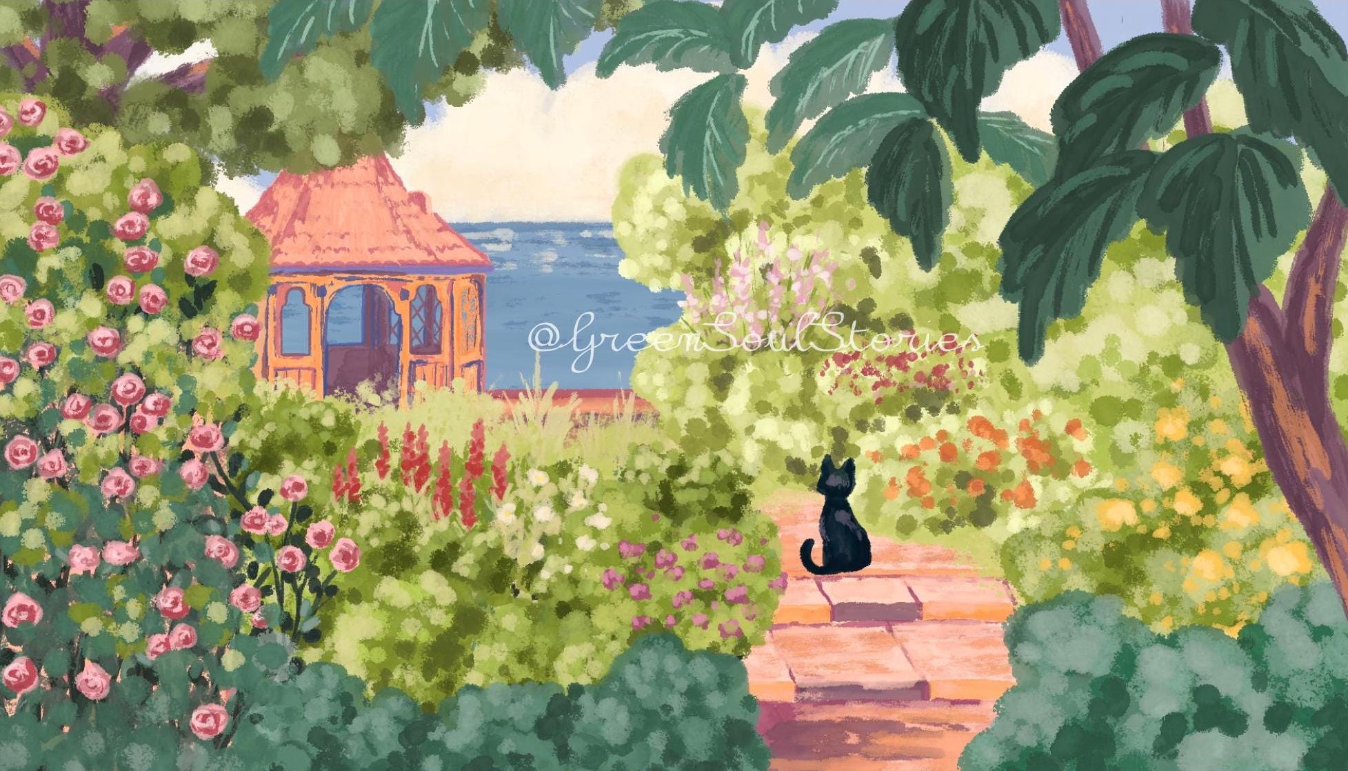 1955x1118 Ghibli Inspired Garden Digital Wallpaper PNG Cottagecore Lofi Anime Desktop Background Back To School Hand Painted Instant Download