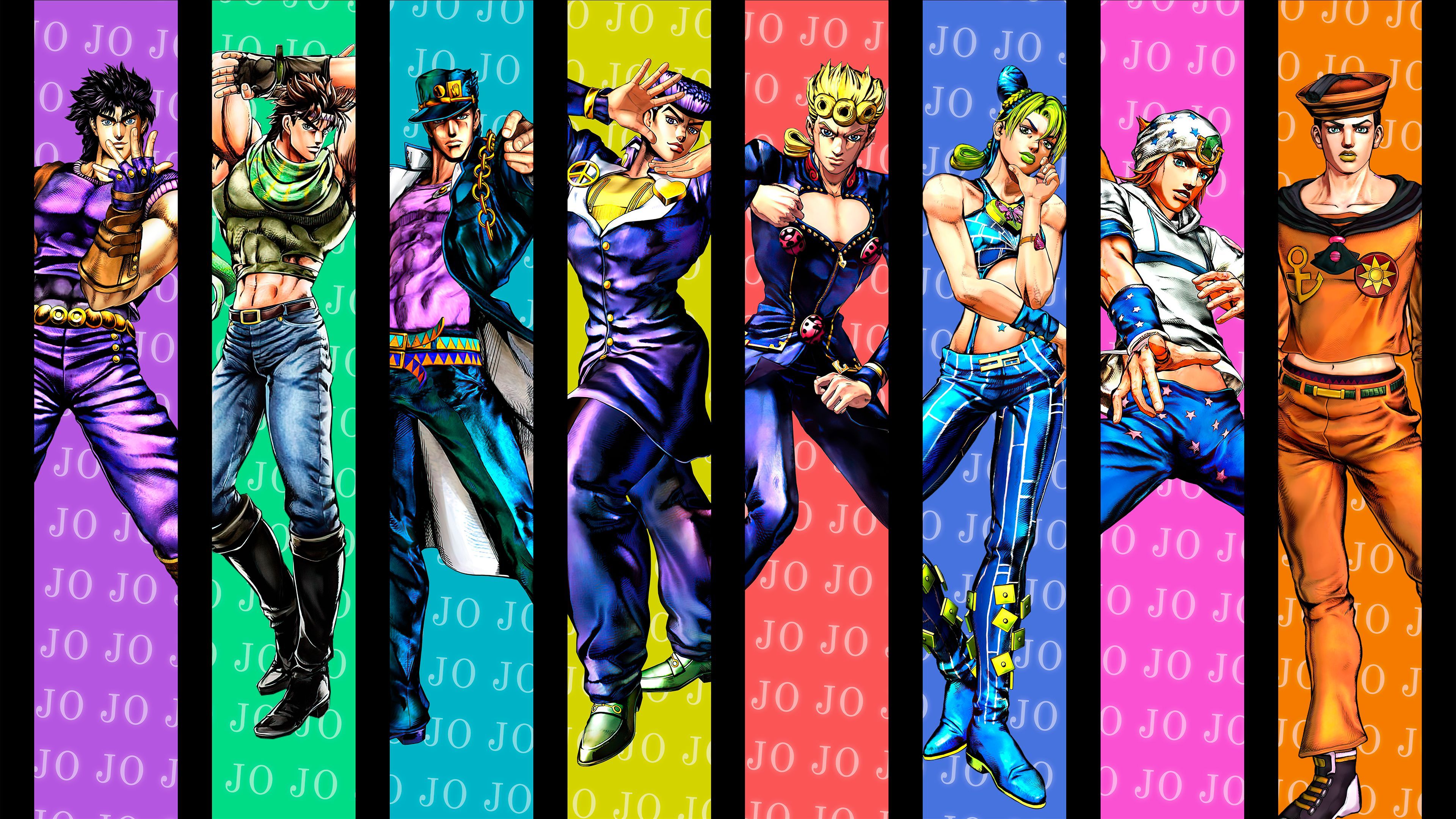 3840x2160 Desktop wallpaper: Jotaro Kujo, Jojo's Bizarre Adventure, Joseph Joestar, Josuke Higashikata, Giorno Giovanna, Anime, Johnny Joestar, Jolyne Cujoh, Jonathan Joestar 4K free download for PC. 1533715