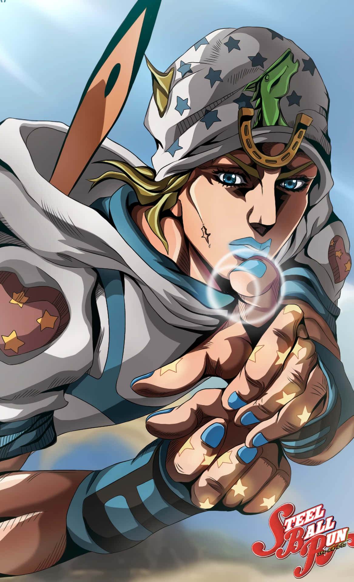 1167x1920 Download Johnny Joestar and Gyro Zeppeli galloping through their Steel Ball Run journey in Jojo's Bizarre Adventure. Wallpaper