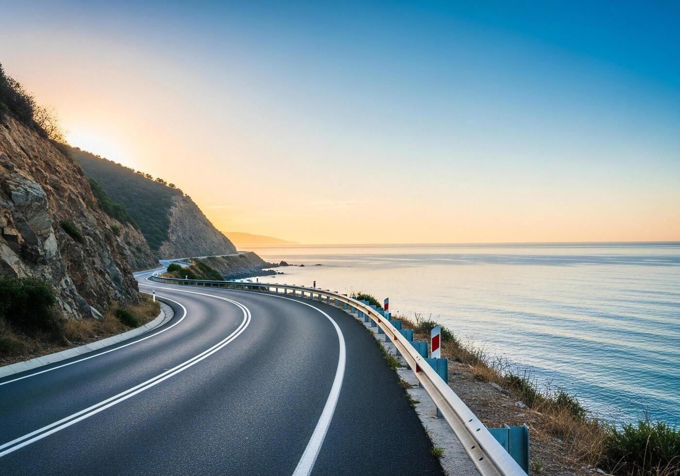 1400x980 Nature background, Nature wallpaper, Coastal road winding along a cliff by the ocean at sunrise with a clear sky