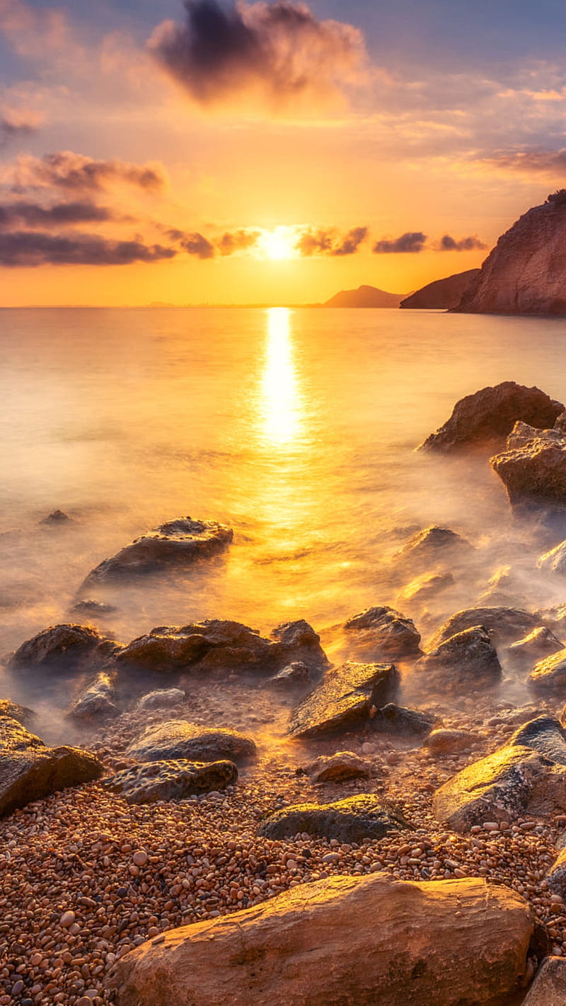 800x1422 Sunrise, beach, landscape, morning, nature, ocean, rocks, sun, HD phone wallpaper