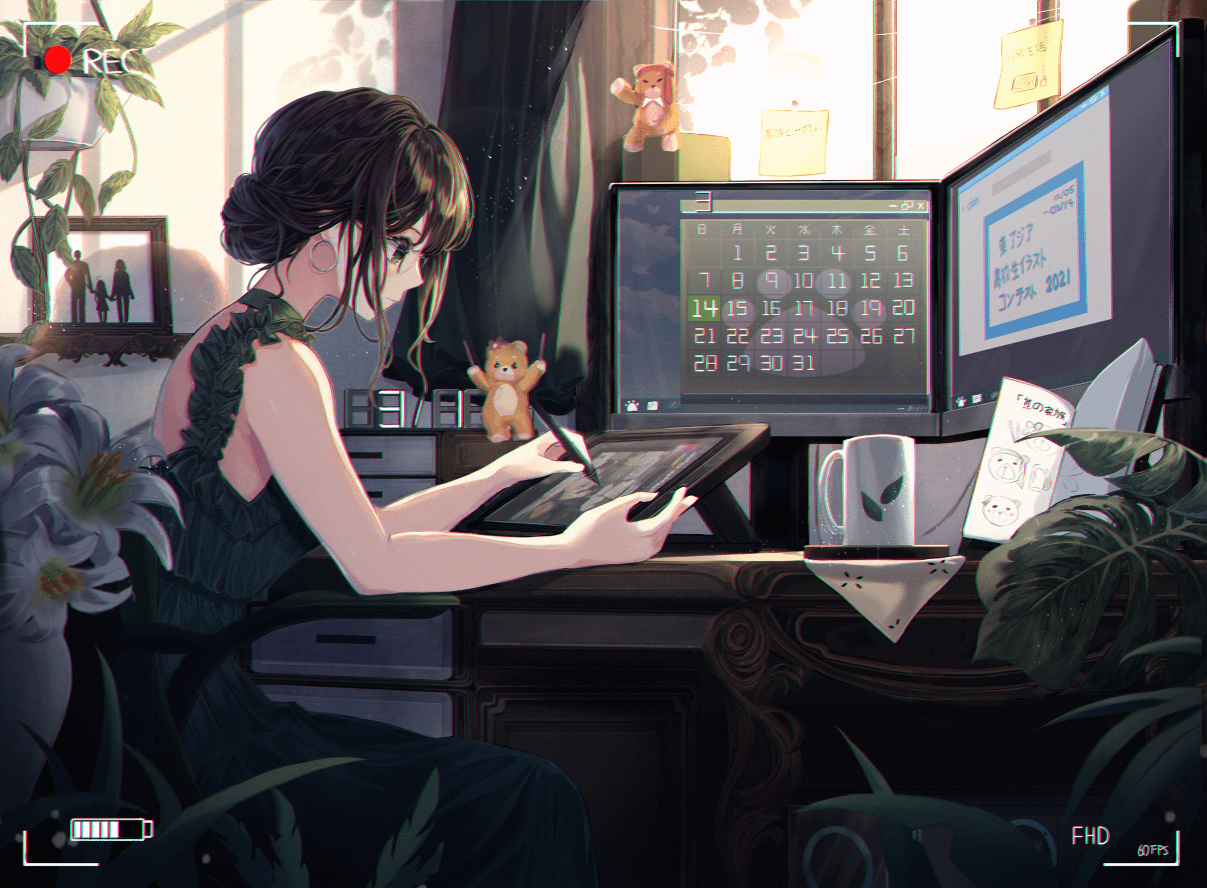 2400x1766 HD Anime Girl at Work: Serene Creative Moment Wallpaper