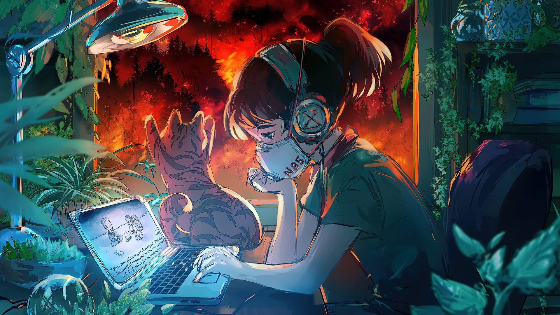 1920x1080 Download Masked Anime Girl Works On Laptop With Her Cat Wallpaper