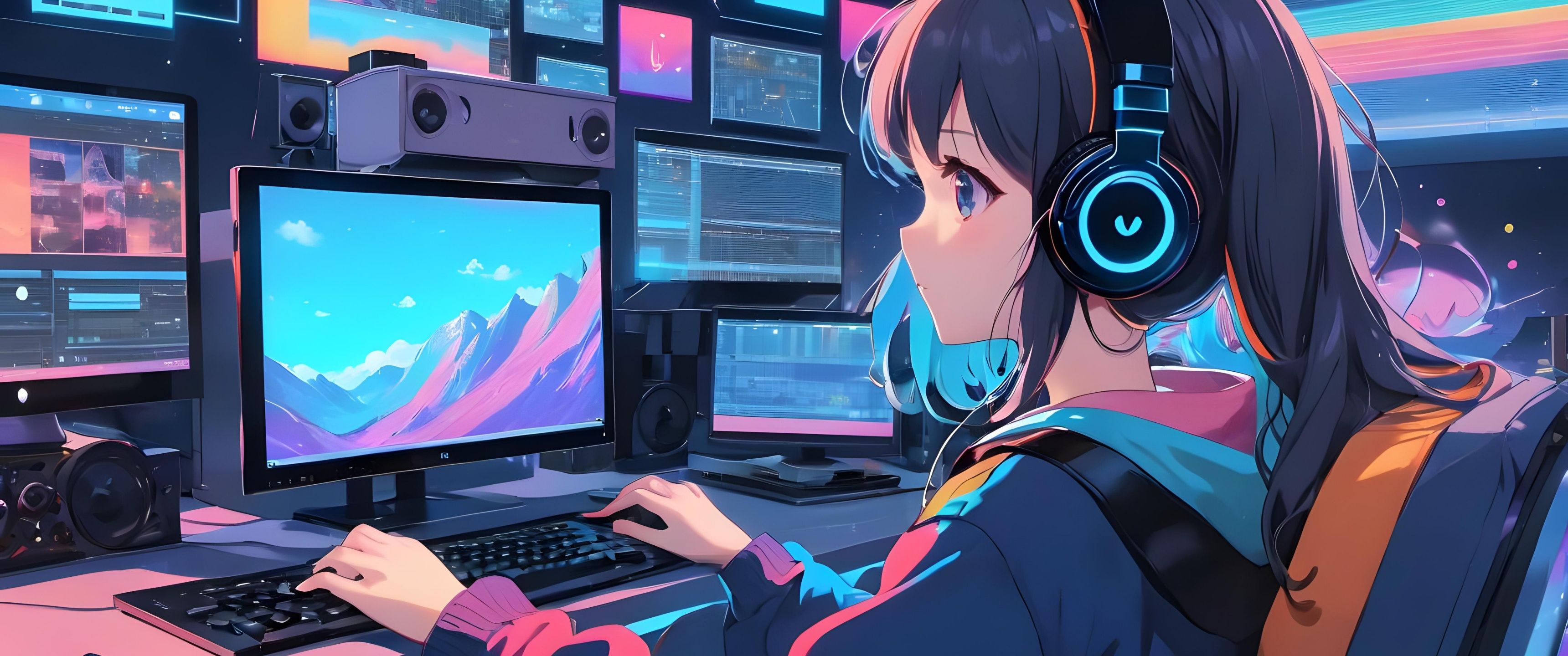 3440x1440 Anime girl Wallpaper 4K, Working, Lofi girl, 5K, AI art