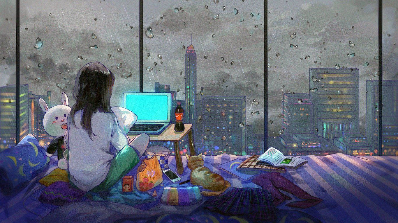 1366x768 Download Anime Girl Works On Laptop With Overlooking City Wallpaper