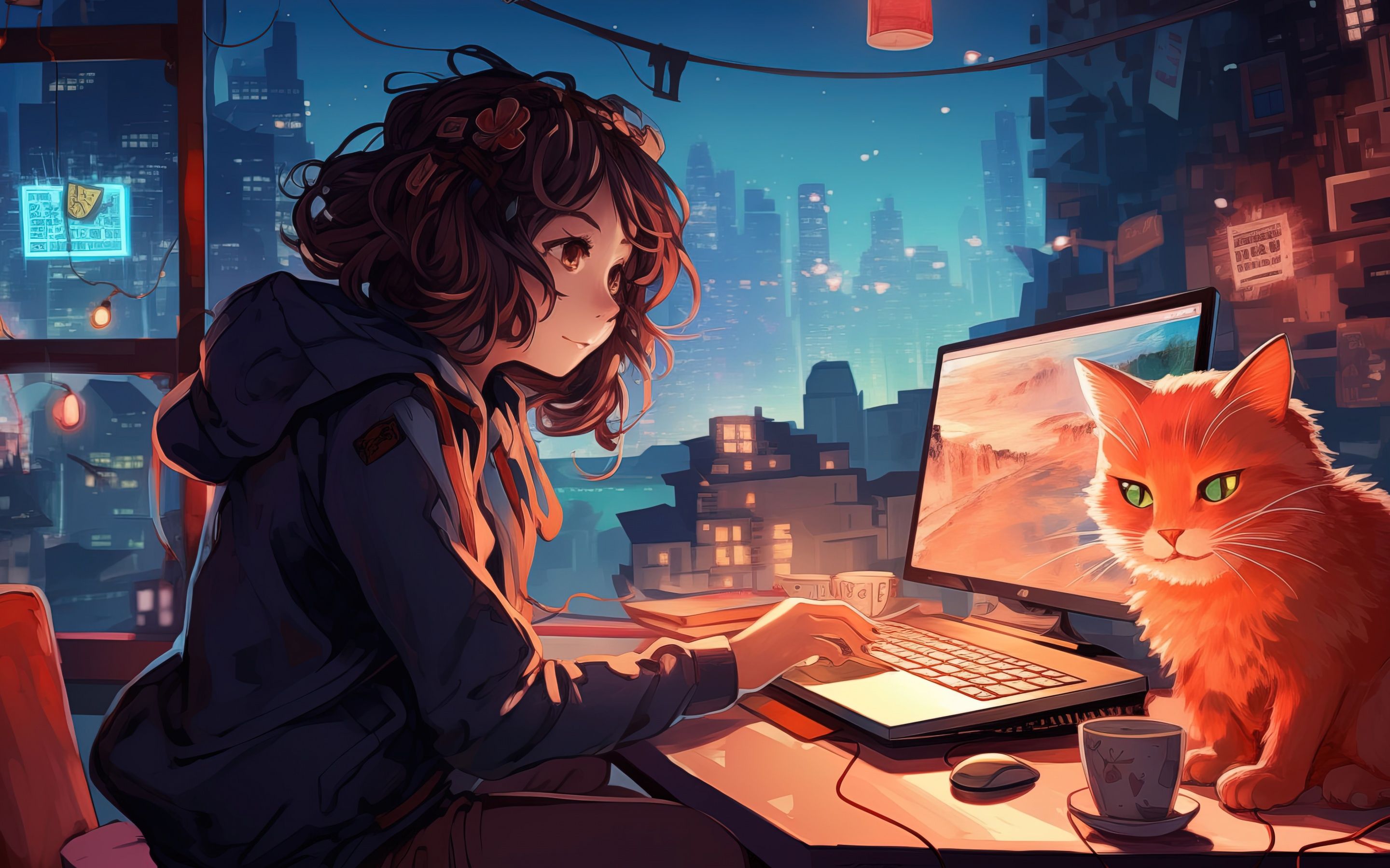 2880x1800 Lofi girl Wallpaper 4K, Working, Night, 5K, Anime girl