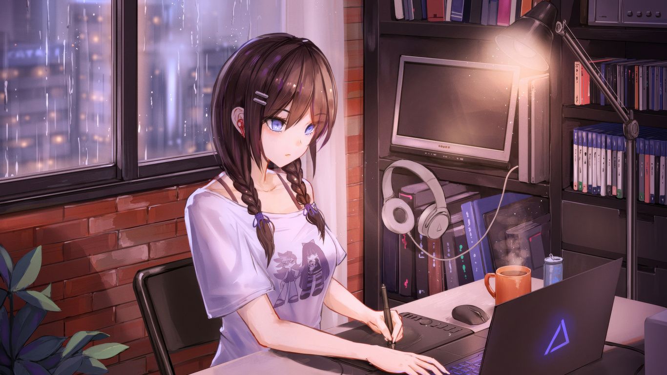1366x768 Cozy Anime Girl Gaming Setup Laptop HD , HD 4k Wallpaper, Image, Background, Photos and Picture