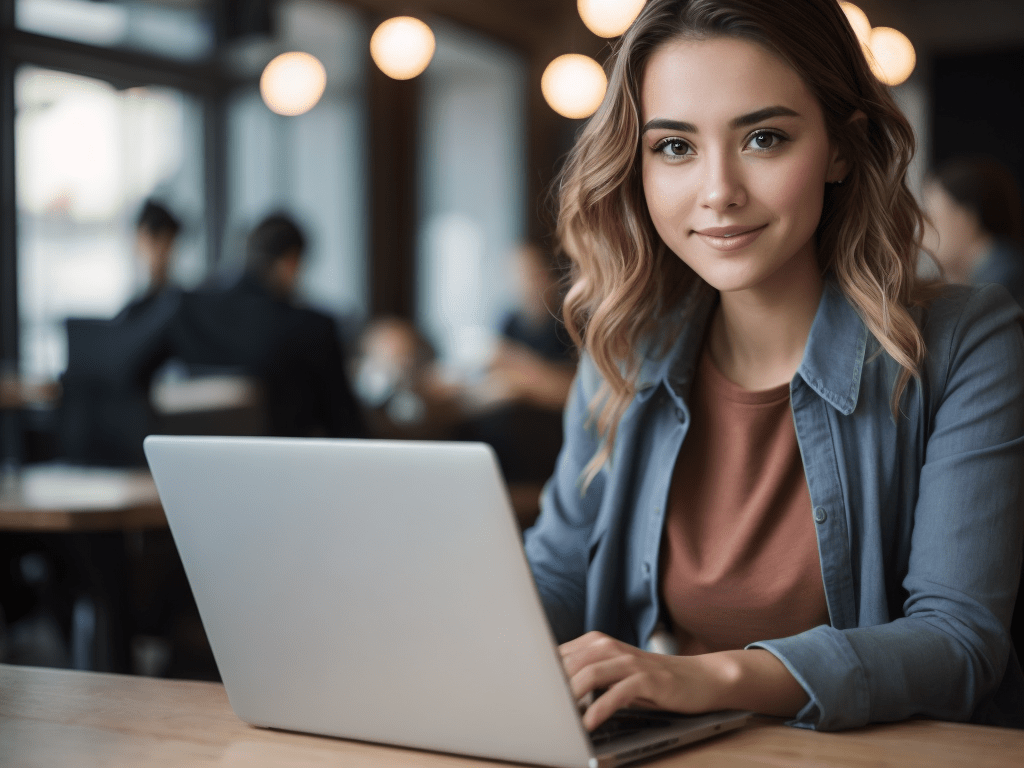 1024x768 Premium Free ai Image. Focused Laptop Lady in Cafe