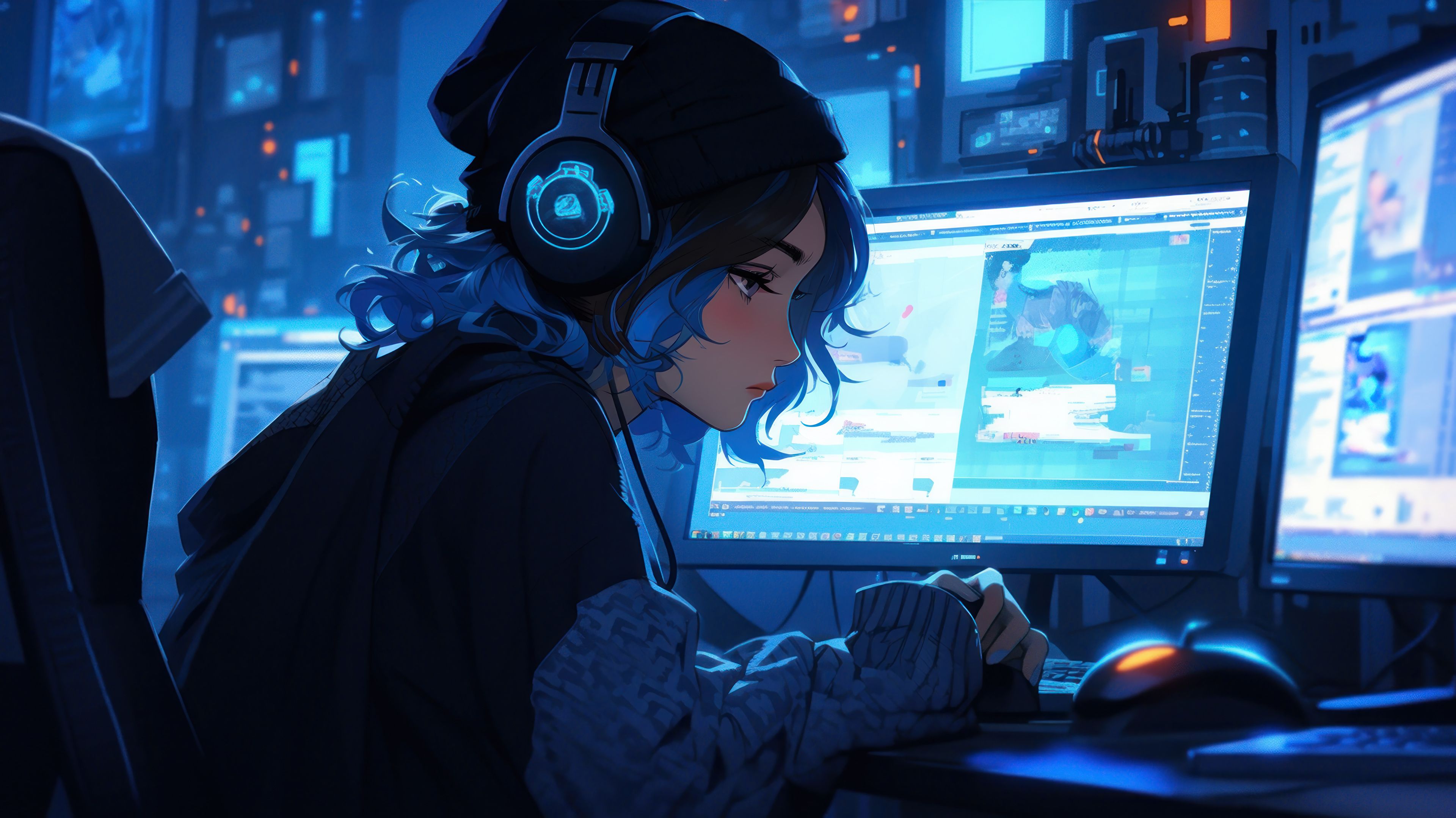 3840x2160 Anime Girl Headphones Desktop Computer Screen Wallpaper 4K HD PC l
