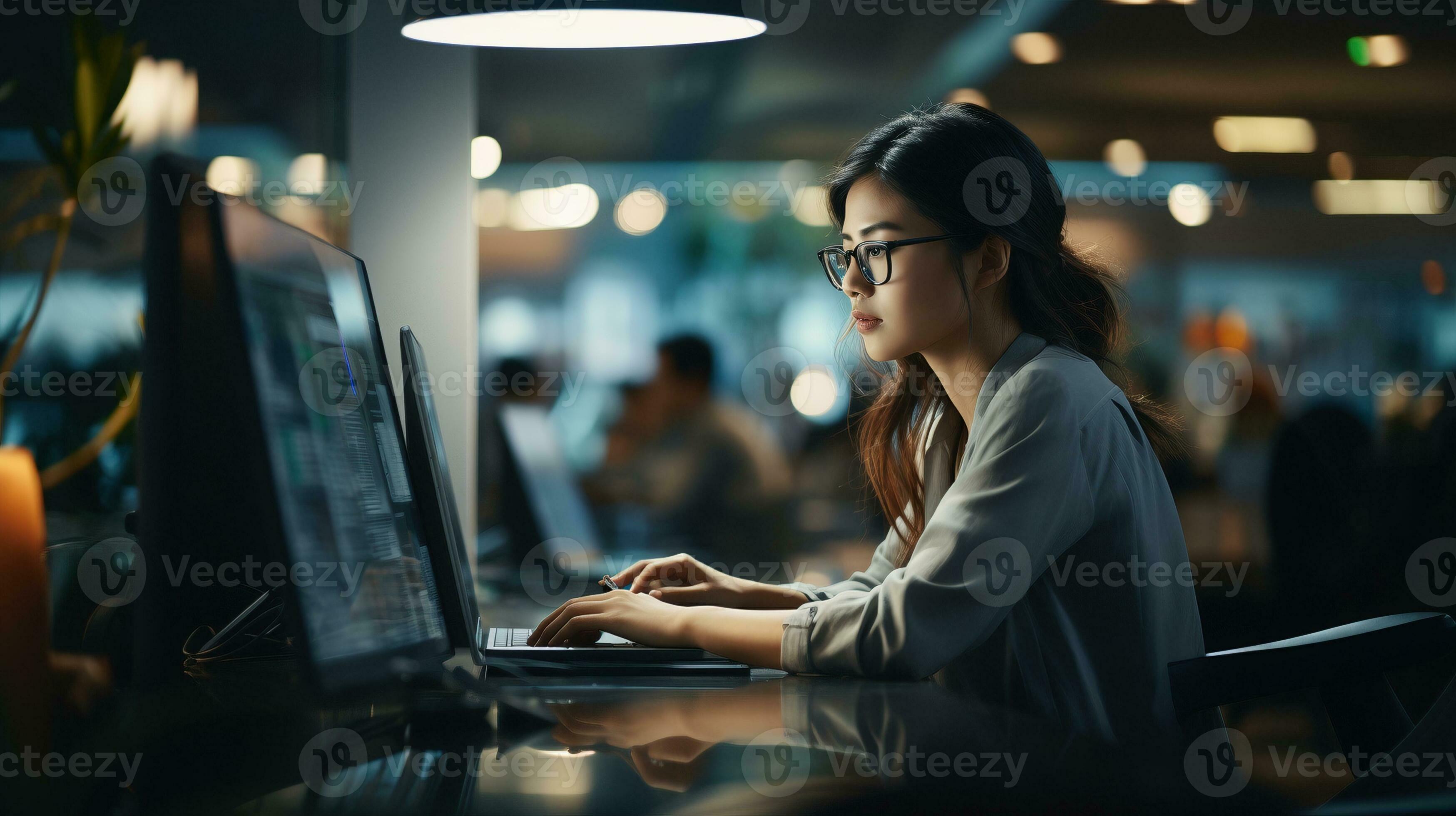 3497x1960 AI generated Asian female programming coder at workplace ai generated image wallpaper