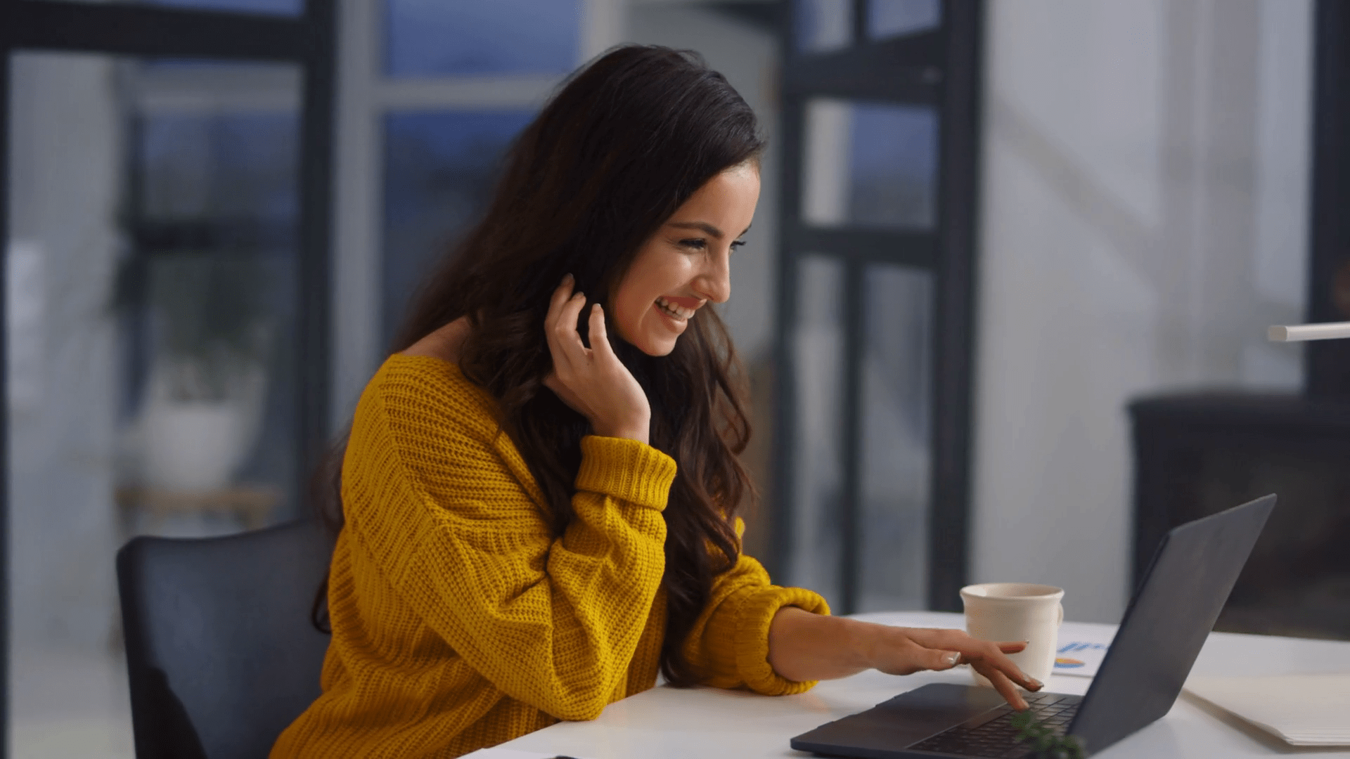 1920x1080 Surprised woman looking computer screen indoor. Excited girl chatting on laptop computer in slow motion. Close up happy businesswoman closing face in front of notebook in home office