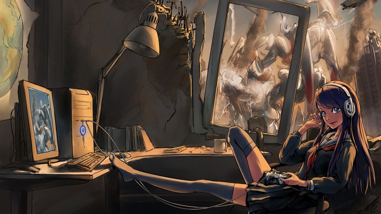 1600x900 Anime Gamer Girl HQ Desktop Wallpaper 21382