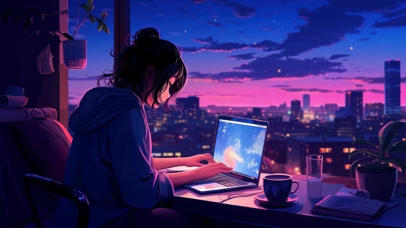 1300x731 Aerial view person using laptop