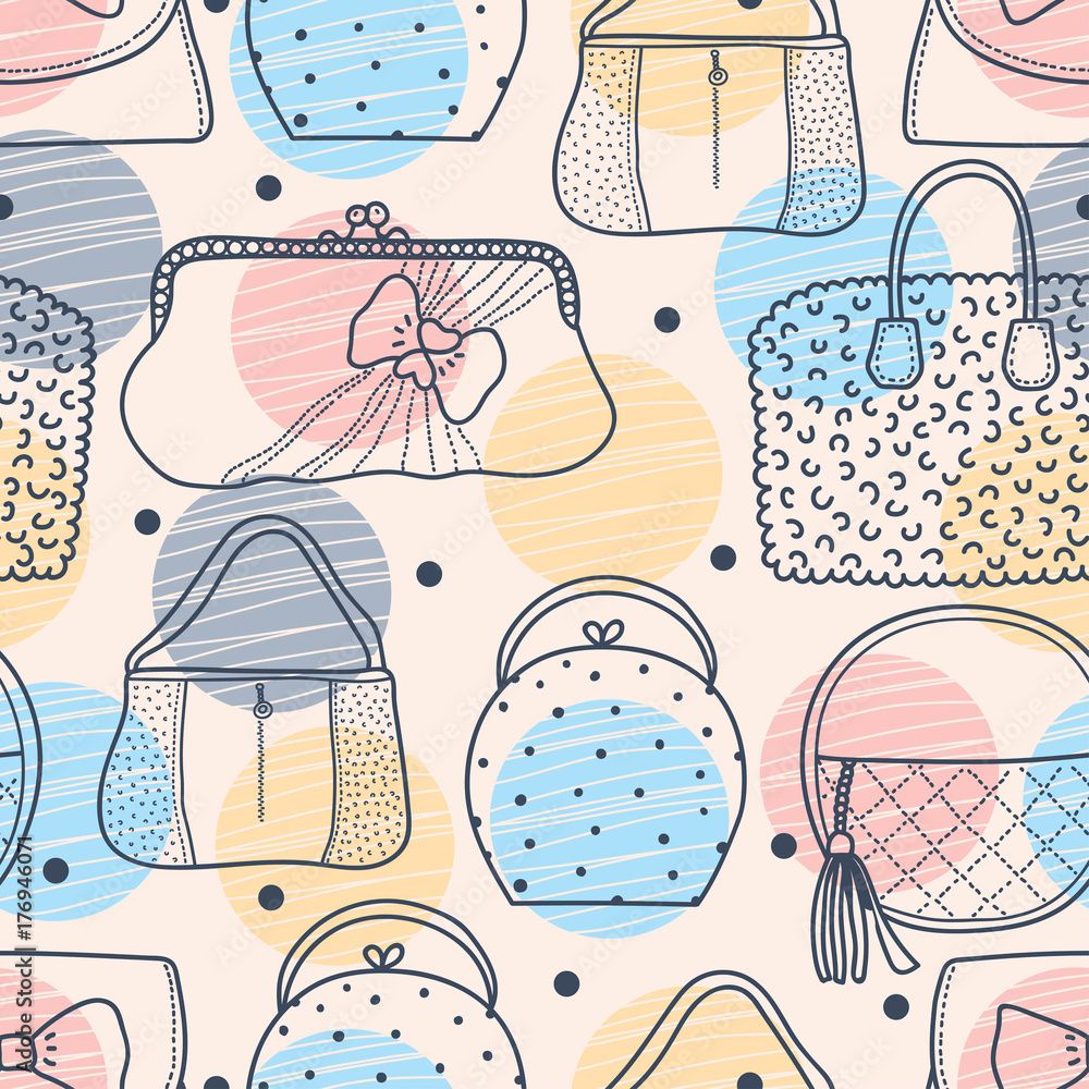 1000x1000 Vektor Cute fashion seamless pattern with bags. Line background.Seamless pattern can be used for wallpaper, pattern fills, web page background, surface textures. ve službě Stock