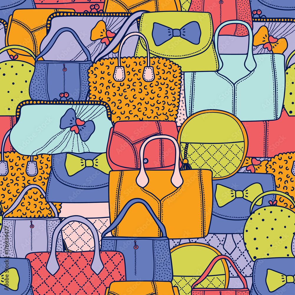 1000x1000 Cute fashion seamless pattern with bags and polka dot. Line background.Seamless pattern can be used for wallpaper, pattern fills, web page background, surface textures. Stock Vector