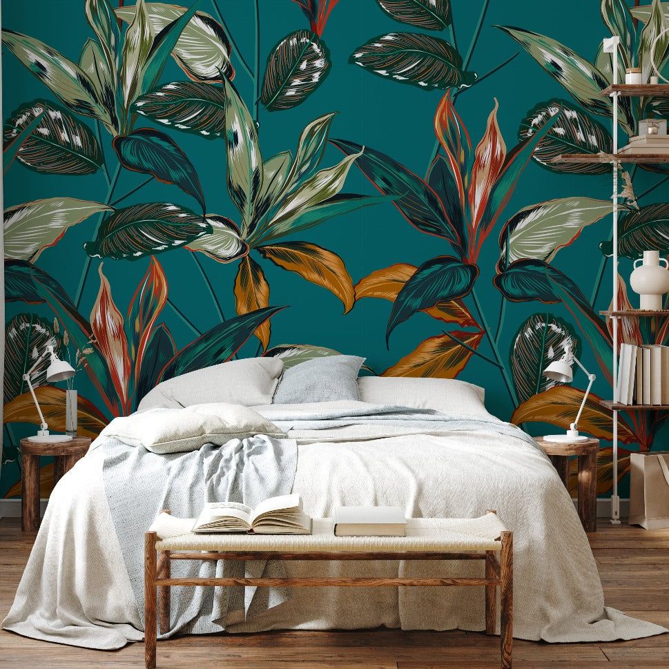 969x969 Retro Tropical Botanical Pattern Mural Wallpaper