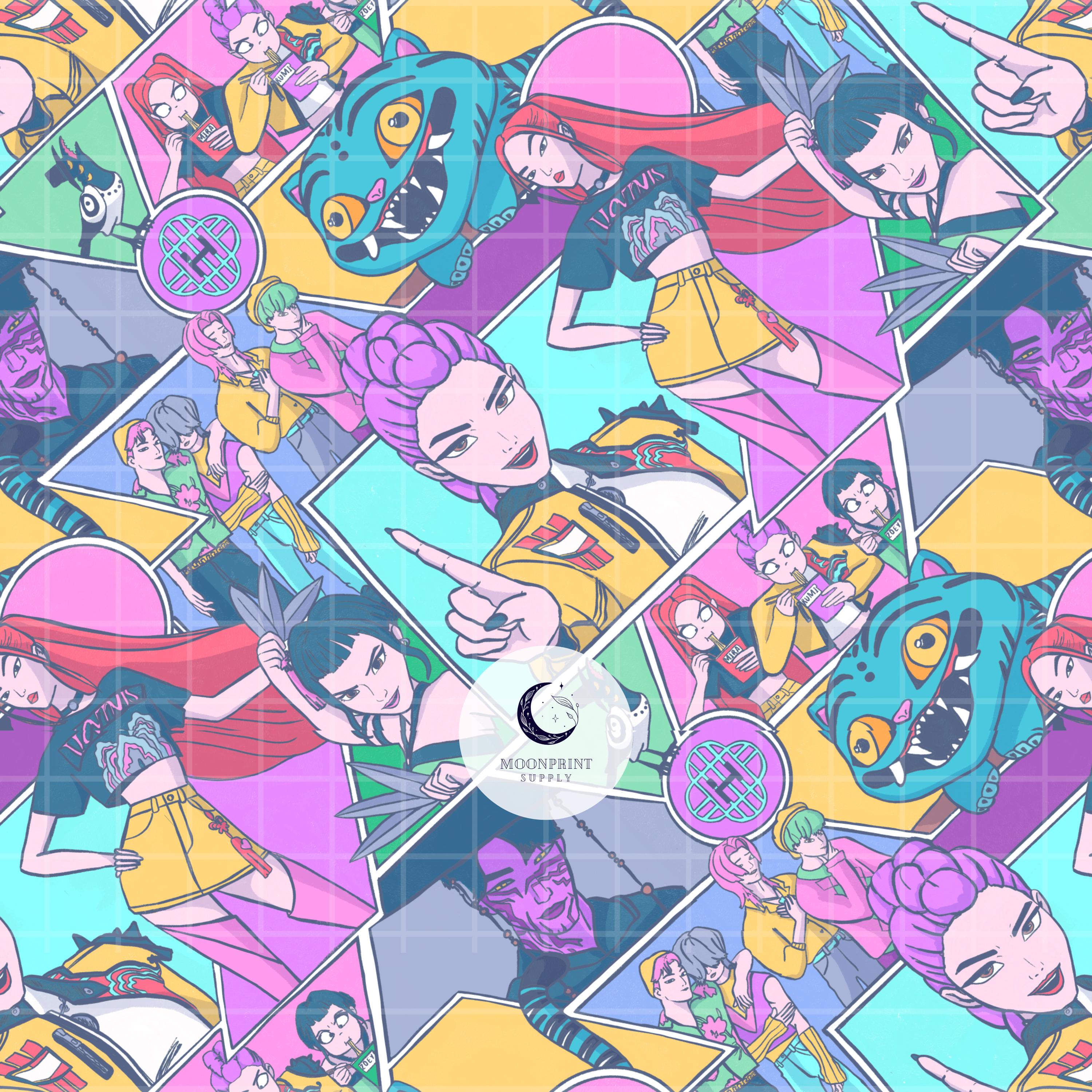 3000x3000 Kpop Demon Hunters Comic Pattern: Rumi, Mira, Zoey & Saja Boys (digital Download)