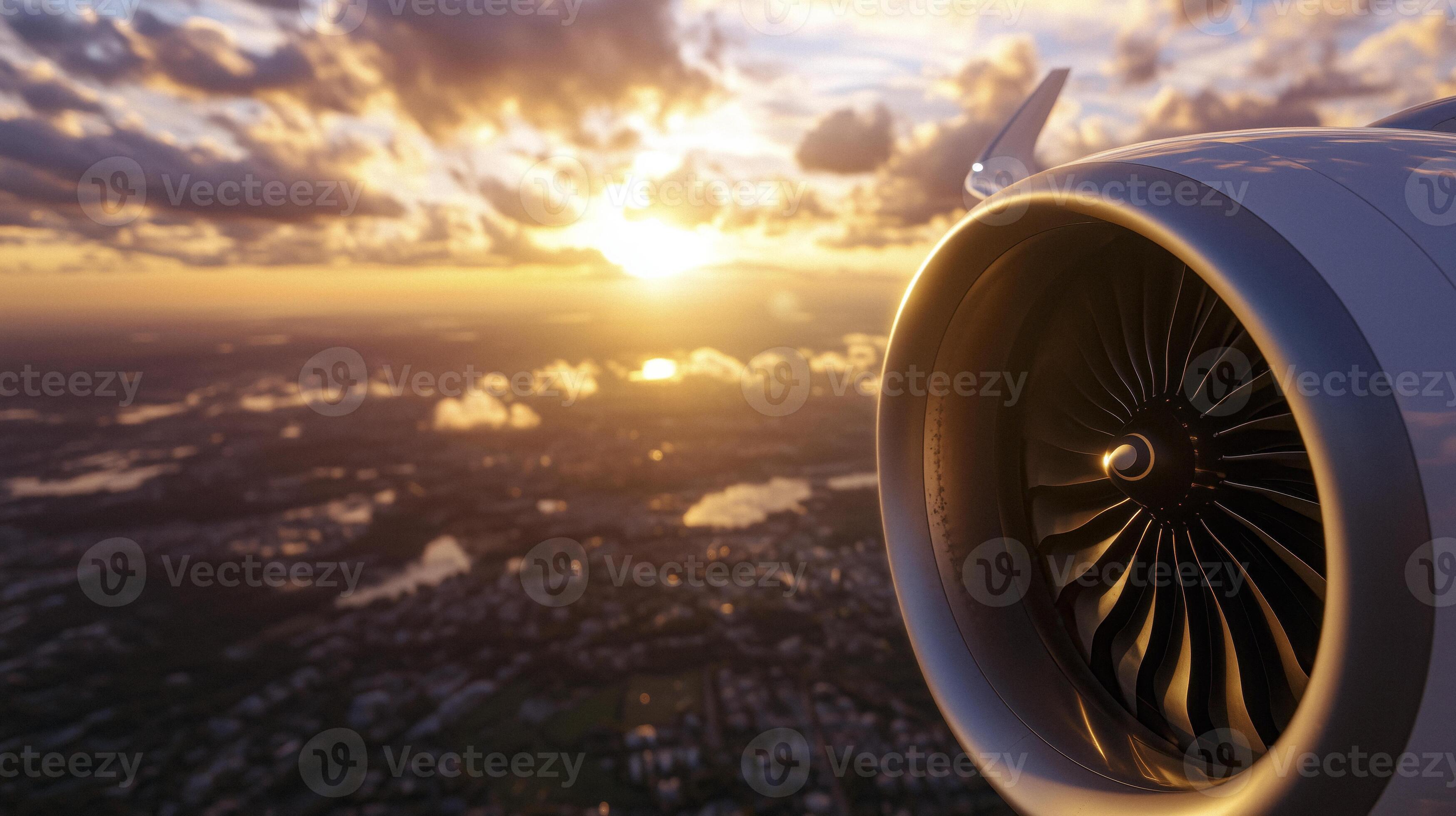 3498x1960 An airplane engine is seen flying over a city