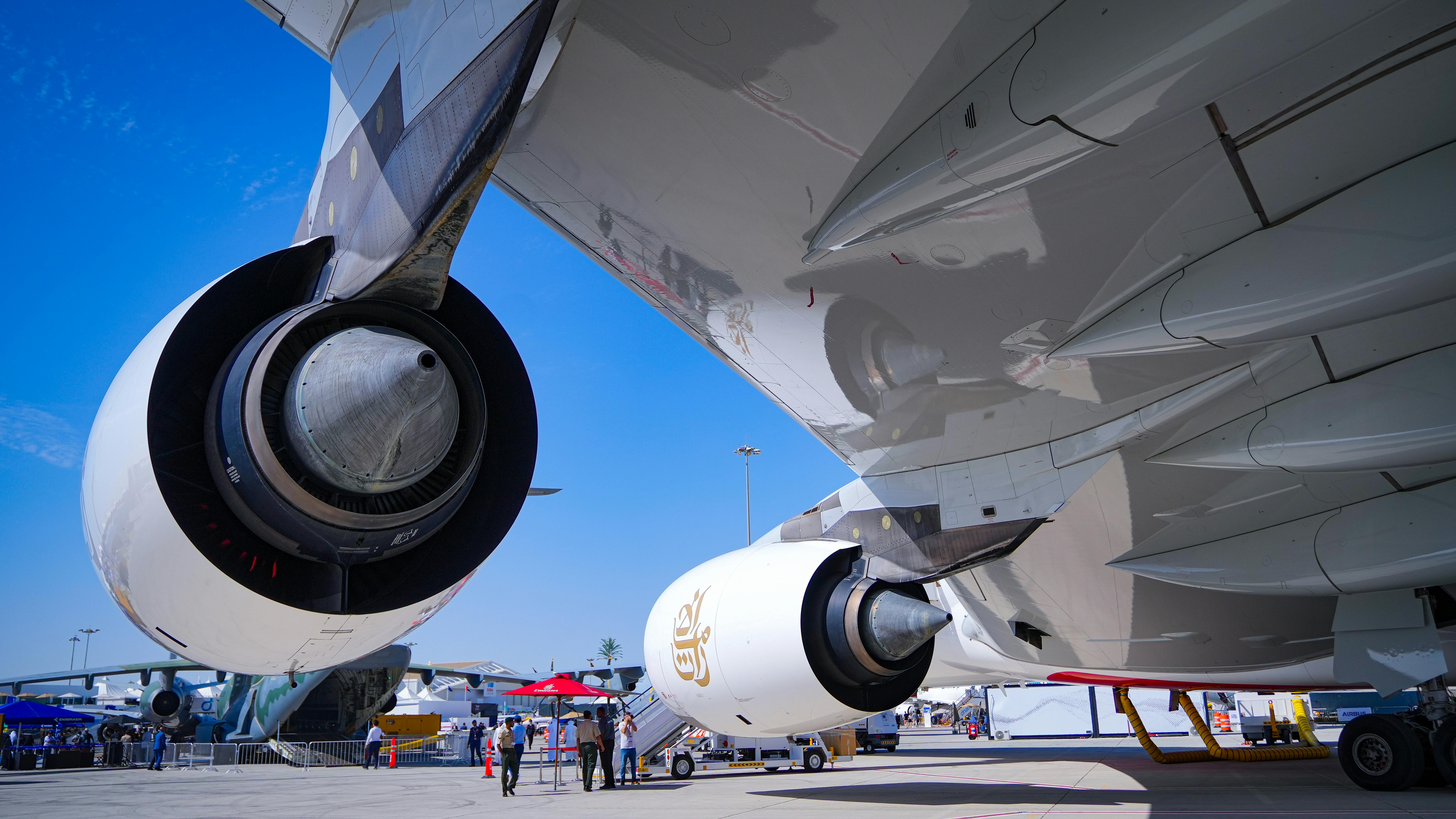 7008x3944 Jet Engines of Airbus A380 Passenger Plane · Free