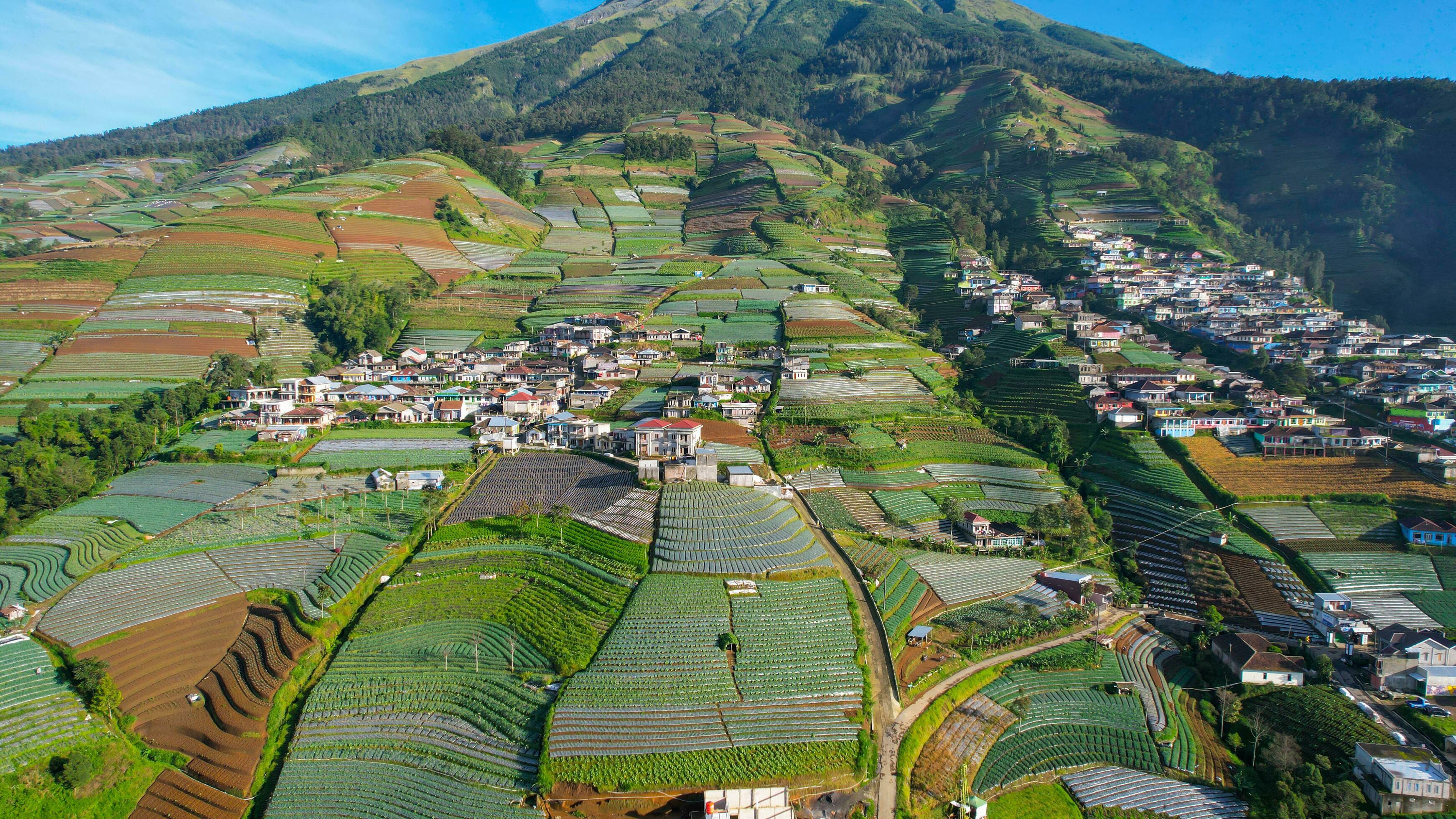 3484x1960 Aerial view of the Nepal van java is a Rural tour on the slopes of mount sumbing, The beauty of building houses in the countryside of the mountainside. Magelang, Indonesia, December