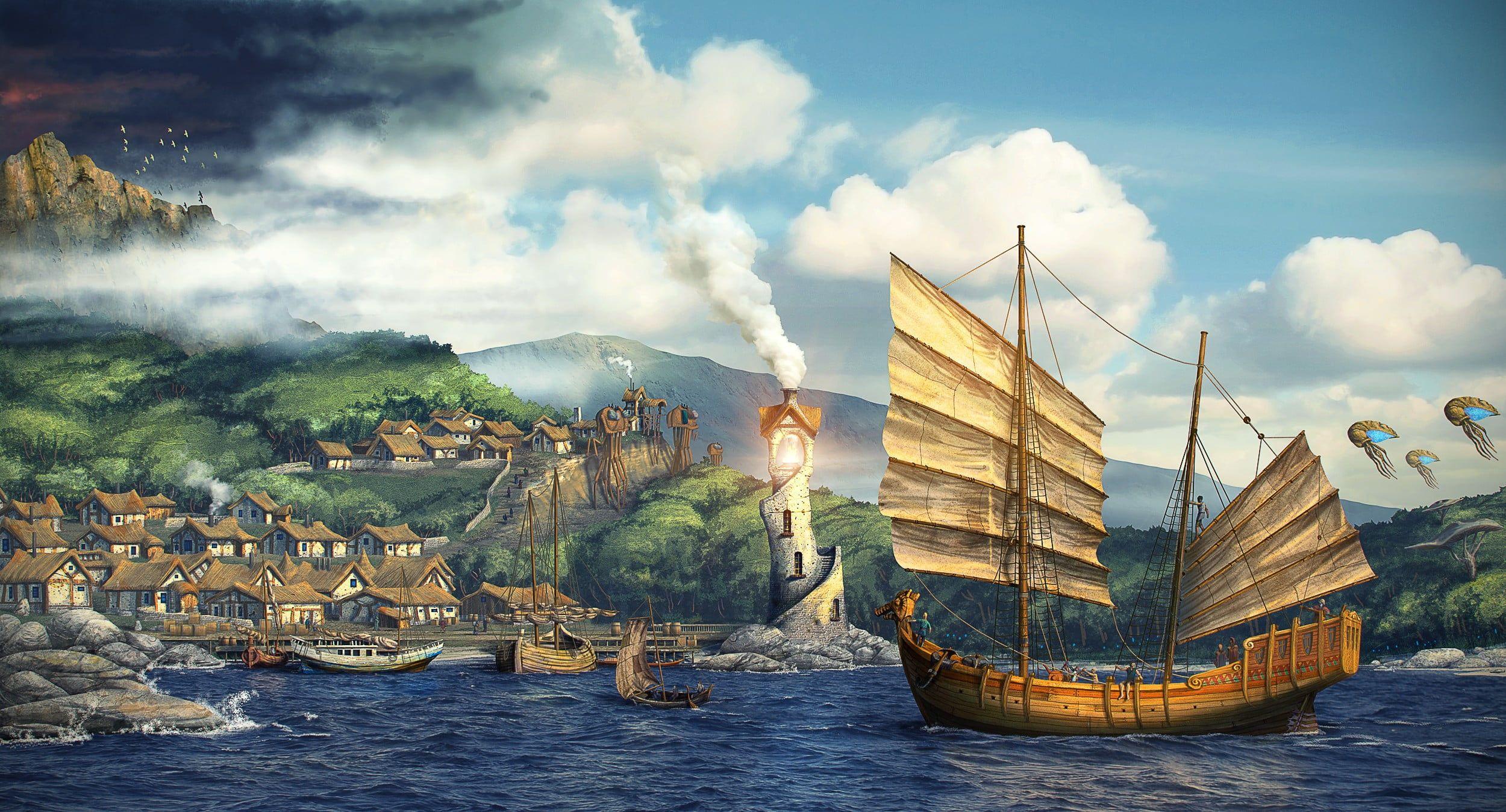 2500x1348 Brown junk ship digital wallpaper, digital art, sailing ship