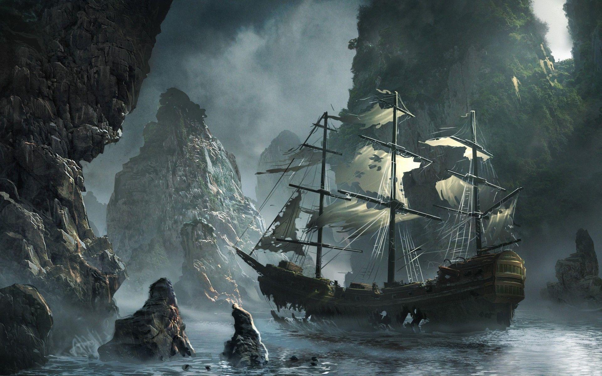 1920x1200 ships, Rocks, Illustrations, Artwork, Sail, Ship, Abandoned, Bay