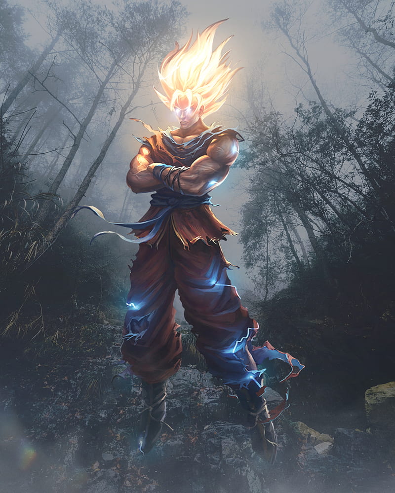 800x1000 Super Saiyan Goku, anime, aura, dragon ball, edit, forest, manga, mountains, HD phone wallpaper
