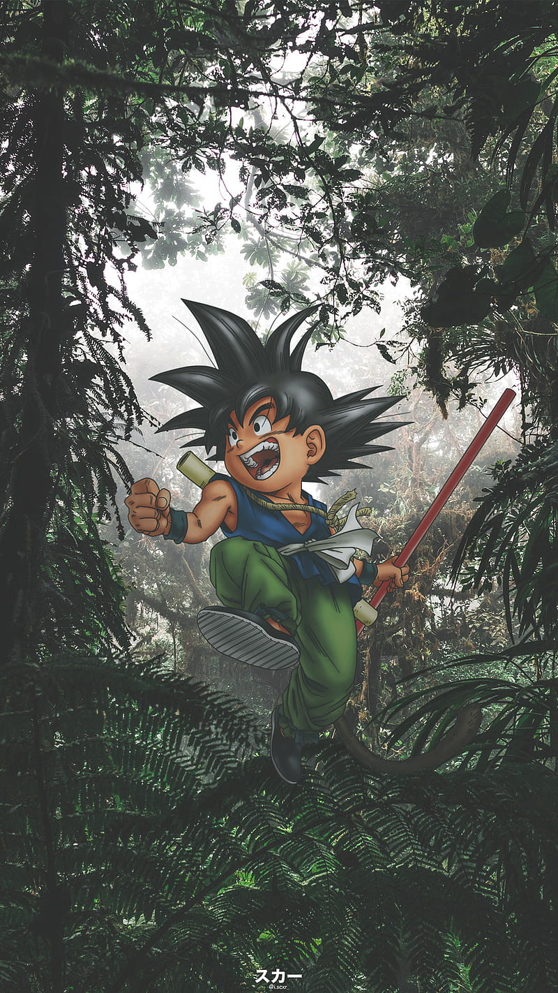 800x1422 Goku x Amazon, anime, anime edit, dragon, dragonball, forest, kid, nature, hop, HD phone wallpaper