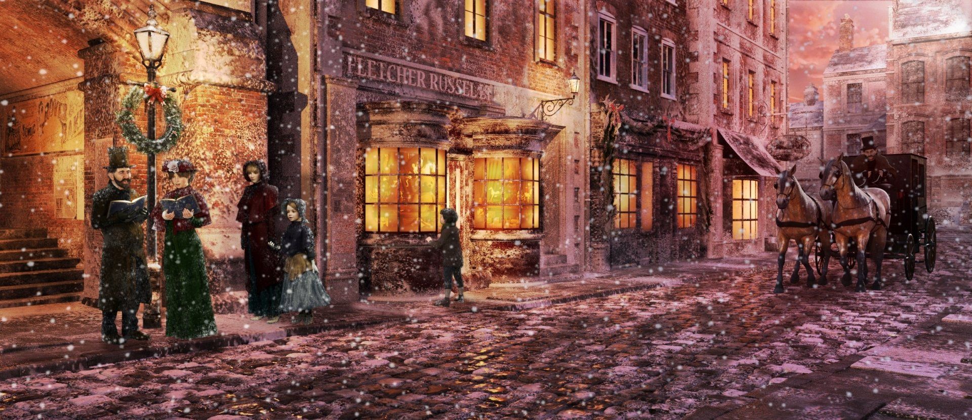1920x829 Download Caroler Light Street Vintage Christmas Artistic Painting HD Wallpaper
