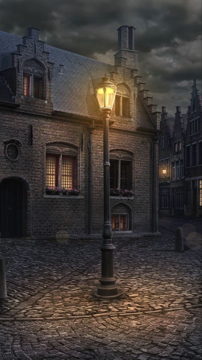 675x1200 Fantasy Art Landscapes: Cobblestone Road and Old Fashioned Street Light. Dark town background, Romantic medieval town scenery, Victorian alley wallpaper