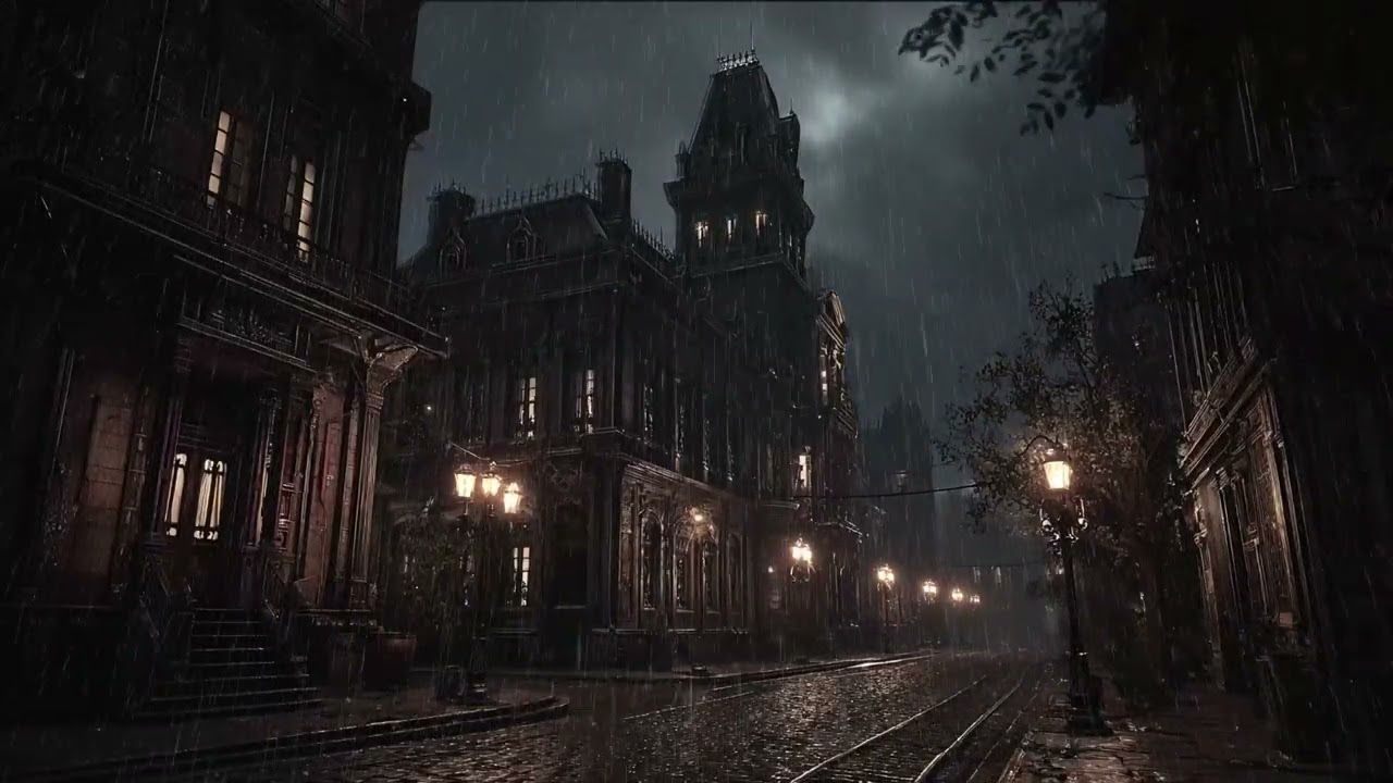 1280x720 Dark Victorian Gothic Street at Night with Rain and Thunderstorm Sounds. Relaxation, Sleep Ambience