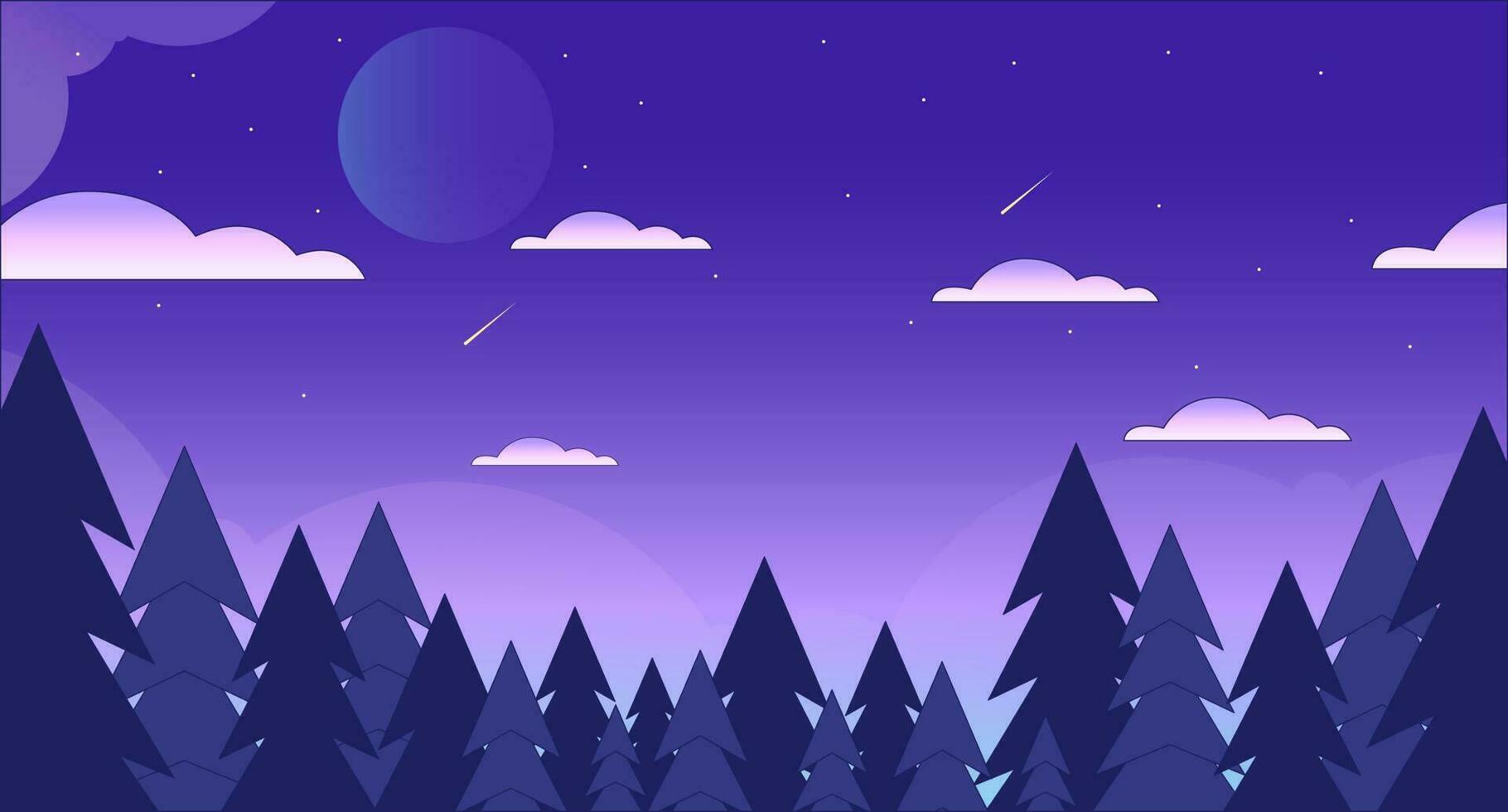 1820x980 Star night with woods lo fi chill wallpaper. Shooting stars sky above forest skyline 2D vector cartoon landscape illustration, vaporwave background. 80s retro album art, synthwave aesthetics