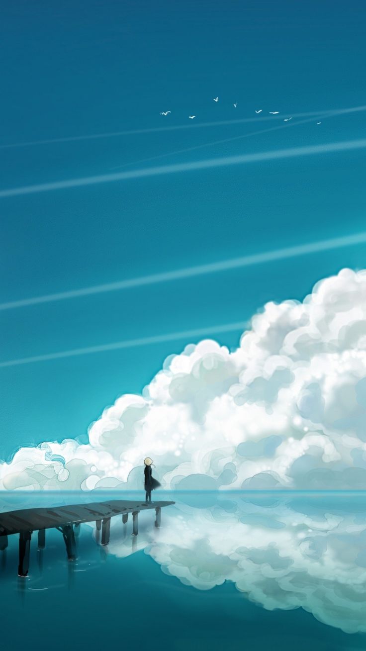 736x1309 Wallpaper clouds, sky, bridge, people, reflection, sea
