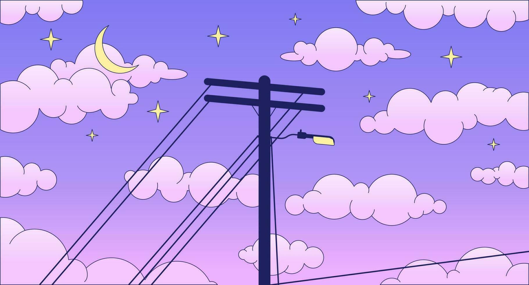 1820x980 Telephone pole on dreamy night sky lo fi chill wallpaper. Electrical cables on evening sky 2D vector cartoon landscape illustration, vaporwave background. 80s retro album art, synthwave aesthetics 23870218 Vector Art