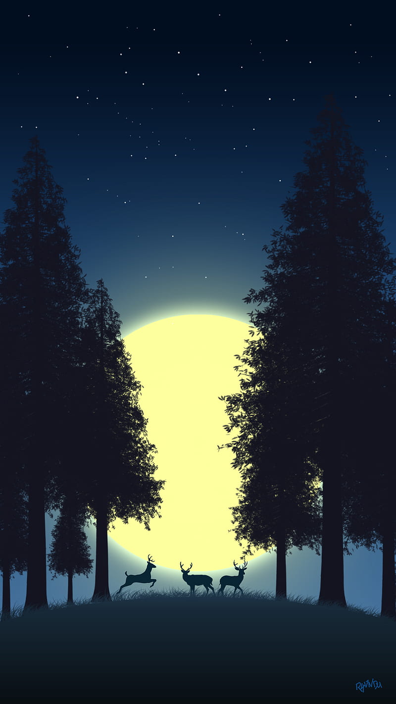 800x1422 2D Mid Night, deer, forest, midnight, moon, nature, sky, stars, HD phone wallpaper