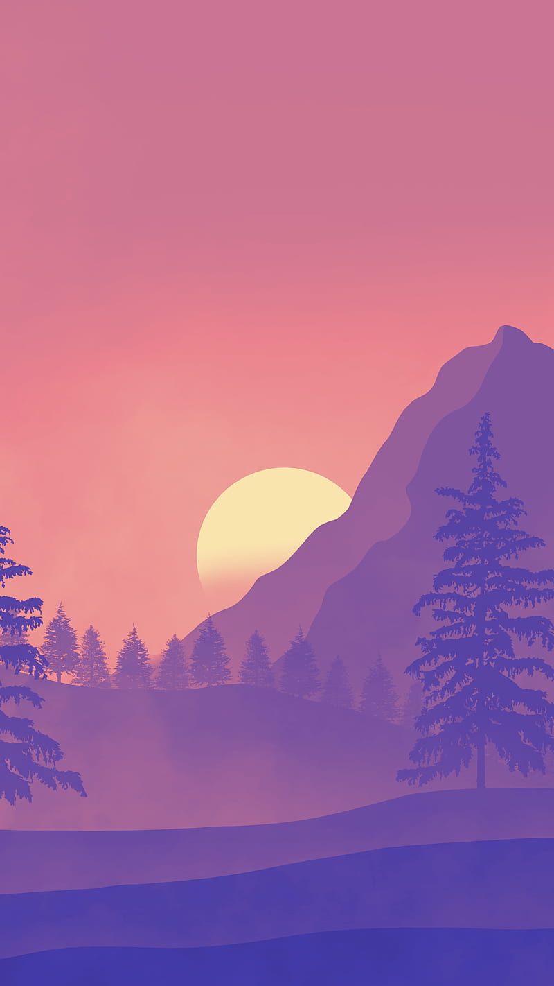 800x1422 Sunset time, Minimalist landscape colour mountain pink purple forest magenta morning sky sunrise sunset 2d , HD phone wallpaper